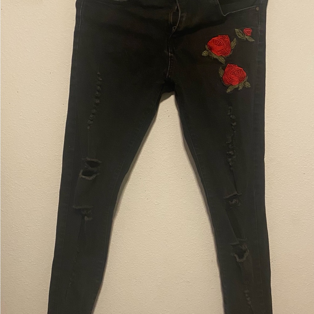 Men's Black Skinny Pants with Red Rose Embroidery